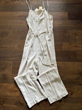 Linen blend Cream and black pinstriped Spaghetti-Strap Jumpsuit with Tie Waist